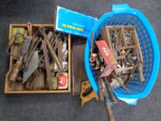 Two boxes containing a quantity of assorted vintage hand tools.
