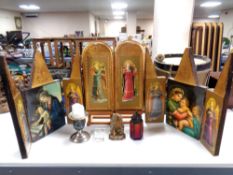 A tray containing religious icons, religious glass paperweight, two wooden artist easels etc.