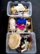 A box and two crates containing a large quantity of assorted porcelain headed dolls.