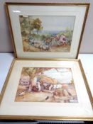Two G Chrisp watercolours depicting children on a cart and horses watering outside an inn,