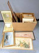 A box containing Continental school pictures and prints, oil-on-canvas, Japanese watercolours,