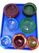 A tray containing seven 20th century glass dishes including Whitefriars.