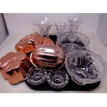 A tray containing assorted lead crystal vases and bowls together with four contemporary jelly