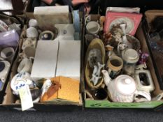 Two boxes containing assorted ceramics including Ringtons teapots, caddies, ornaments etc.