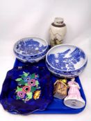 A tray containing assorted ceramics including two Maling willow pattern bowls together with a