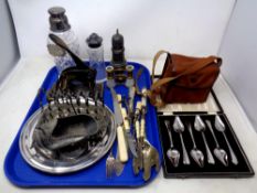 A tray containing assorted plated wares, cased cutlery,