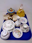 A tray containing assorted ceramics including Coalport Ladies of Fashion Teresa,