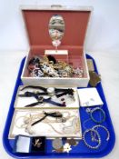 A tray containing a 20th century musical jewellery box together with a quantity of costume