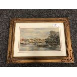 Nineteenth Century School : A Barge on a River with Figures and Dwellings Beyond, watercolour,