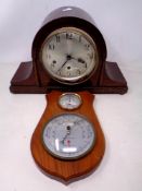 A mahogany cased Westminster Chime mantel clock together with a barometer mounted on a board.