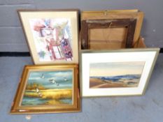 A box containing Continental school pictures and prints, oil-on-canvas, etc.