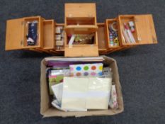 A wooden concertina box together with a further box containing crafting equipment and tools.