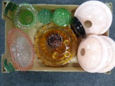 A box containing a quantity of 20th century glassware including amber glass bowls, flower holders,