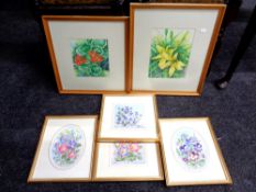 Four Florence Howd watercolours, flowers, in gilt frames and mounts together with two further S.