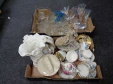 Two boxes containing assorted tea ware, an Italian figurine, Royal Worcester oven dish with cover,