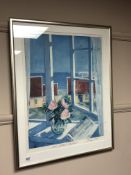 After John Andersen : Flowers by a window, A colour print signed in pencil, 43cm x 56 cm.