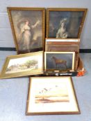 A box containing assorted pictures and prints including oil-on-canvas study of a horse,
