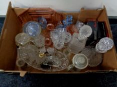 One box containing assorted glassware and ceramics including decanters, trinket sets,