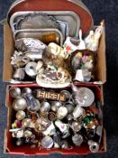 Two boxes containing assorted metalware, glassware, plated goblets, figurines,