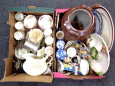 Two boxes containing a stoneware kitchen crock pot, antique tea ware, ornaments,