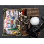 Two boxes containing car magazines, boxed Ringtons die cast cars, vintage light fitting,