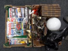 Two boxes containing car magazines, boxed Ringtons die cast cars, vintage light fitting,