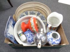 A box containing antique and later ceramics including a three piece wash set,
