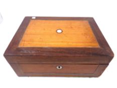 A 19th century rosewood and satinwood jewellery box with lift out tray.