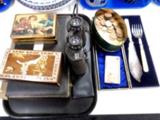 A tray containing Hans Weiss 16x50 field glasses, cased cutlery, trinket boxes,