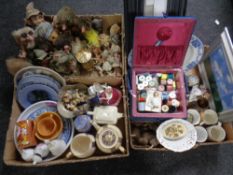 Three boxes containing sewing box with contents, blue and white dinnerware,
