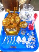 A tray containing assorted glassware including Art Deco amber glass trinket set,