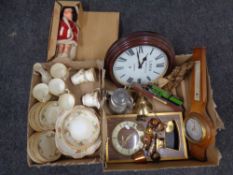 Two boxes containing china tea service, vintage boxed Roddy doll, wall clocks, barometer,
