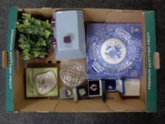 A box containing miscellaneous ceramics and glassware including Spode collectors plates,
