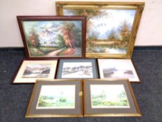 An oil-on-canvas woodland scene in a gilt frame (as found), together with six further signed prints,