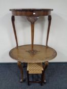 A carved oval eastern style occasional table together with a walnut hall table and rush seated