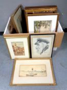 A box containing a quantity of Continental school pictures and prints, framed watercolour,