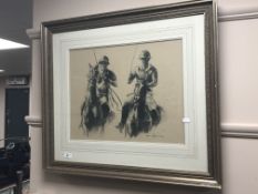 A monochrome print depicting two jockeys, 49cm x 38cm.