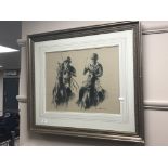 A monochrome print depicting two jockeys, 49cm x 38cm.