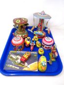 A tray of tin plated toys and vehicles, motorcycle with side car,
