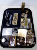 A tray containing a gramophone needle tins, assorted coinage, cased drawing instruments,