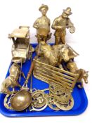 A tray of assorted brass ornaments, horse and cart, accordion and fiddle player, brass ladle,