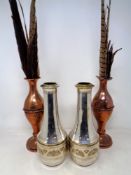 A pair of Dutch plated vases together with a further pair of brass Art Nouveau vases containing