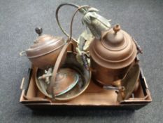 A box containing antique and later metal ware including copper jam pan, samovar, tea urn etc.