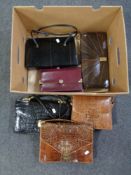 A box of six assorted leather hand bags including crocodile skin example