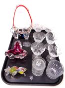 A tray containing assorted glassware including drinking glasses, an art glass vase,