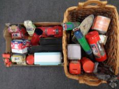 A box and wicker basket containing assorted tins, Coca cola, Marks and Spencers, delivery vans,