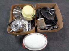 Two boxes containing kitchenalia including vintage enamelled oven dishes, a kettle,
