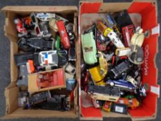 Two boxes of assorted plastic and die cast vehicles to include Matchbox
