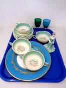 A tray containing 12 pieces of Crown works Susie Cooper tea china together with a Coalport figure,