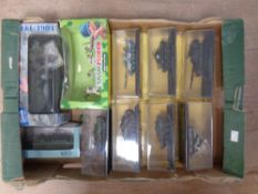A box containing nine assorted die cast and plastic military vehicles together with a task force